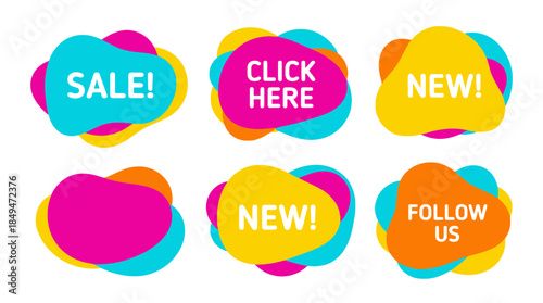 Vibrant graphic elements arranged in a grid showcasing promotional labels on colorful cloud shapes