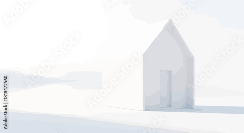 Minimalist white house model on a white surface in bright light.