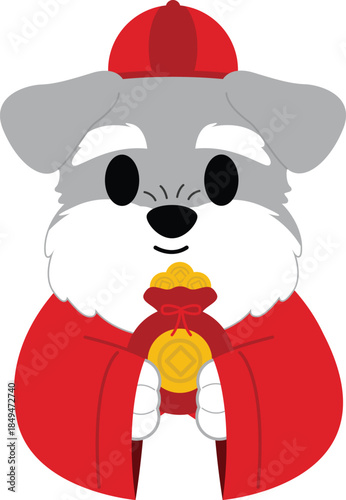Adorable Dog in Red Robe Holding a Bag of Gold Coins for Lunar New Year