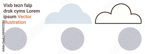 Graphic design, cloud computing, minimal layouts, abstract art, weather, data visualization. Three clouds illustrated with circles below and text in bold colors. Graphic design and cloud computing