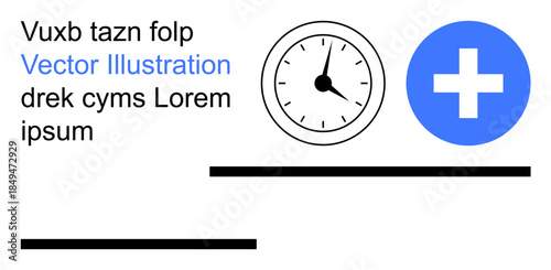 Healthcare, time management, scheduling, medical services, emergency assistance, organization. Circular clock and blue medical cross with placeholder text. Healthcare and time management concept