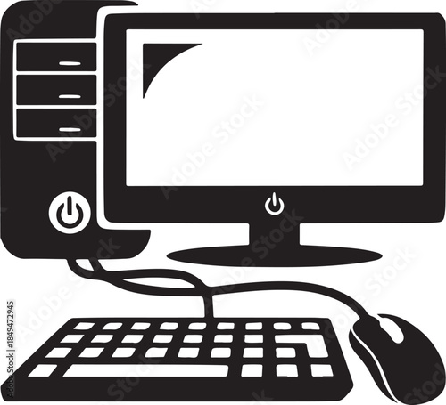 A vector illustration of a black desktop PC workstation featuring a flat LCD monitor screen with a keyboard and mouse on an office desk for business network technology