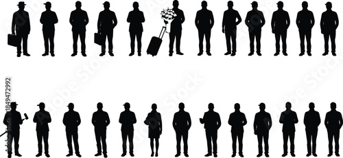 Silhouette of men, workers, business travelers, holding tools, luggage, briefcase, flowers, casual standing poses, isolated on white background, professional figures