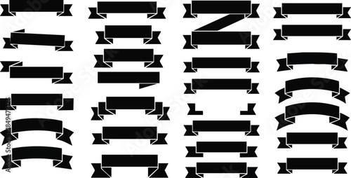 Collection of black ribbon banners, labels, and design elements for graphic resources and decorative purposes.
