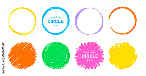 Crayon circle shape frame set. Hand drawn sketch brush line round childish shape. Children color crayon brush stroke frames. Scribble hand drawn grunge doodle color circle set. Vector illustration