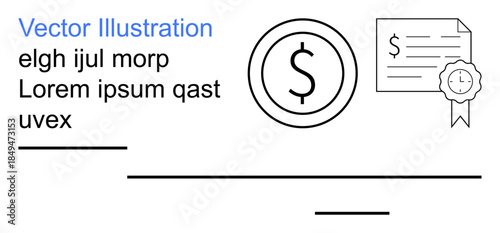 Financial transactions, certification, money management, professional recognition, business records, minimal design. Dollar symbol with certified document. Financial transactions and certification