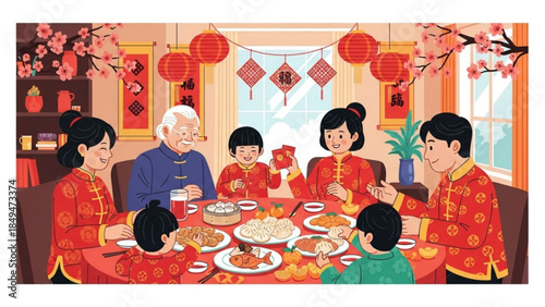 Asian family in traditional clothing sitting around a table