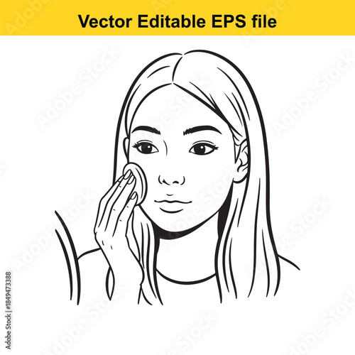  vector illustration of a woman removing makeup with a cotton pad in a simple line drawing style