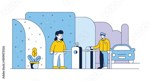 Woman and Man Standing at Turnstile Entrance.