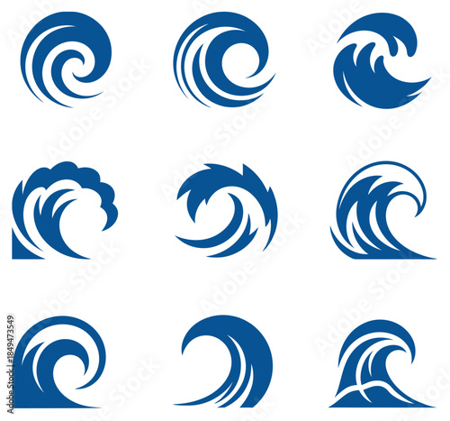 Blue ocean wave symbols and icons for design water illustration,