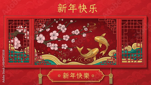 Vibrant red chinese new year decoration with golden fish, cherry