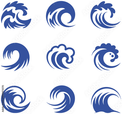 Blue ocean wave symbols and icons for design water concepts, representing sea motion, fluid dynamics, coastal themes and clean modern graphic elements