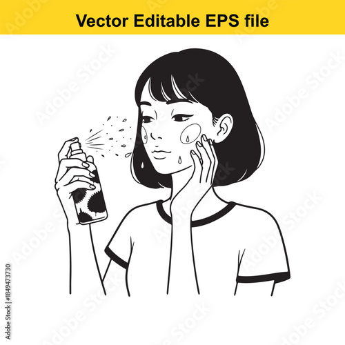  vector illustration of a woman applying facial spray on her cheek with a can