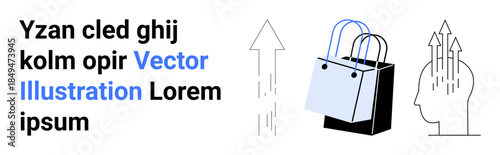 E-commerce growth, digital transformation, shopping analytics, sustainability, innovation, consumer behavior. Shopping bag with upward arrows and abstract head diagram. E-commerce growth