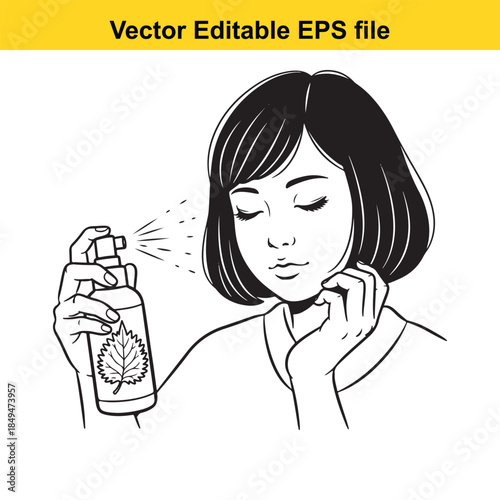  black and white illustration of a woman applying perfume from a bottle