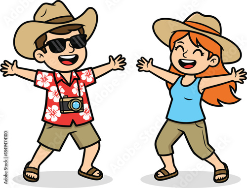 Cartoon vacation couple smiling, Hawaiian shirt, camera, wide-brimmed hats, joyful travel pose, summer theme, flat vector illustration