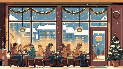 People sit at tables by large window in cozy cafe during snowy winter evening with christmas