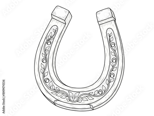 Elegant black and white drawing of a horseshoe with intricate floral patterns and decorative elements