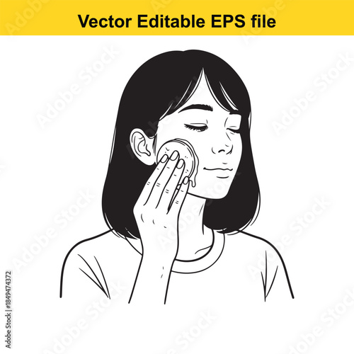  woman applying makeup with a sponge on her cheek in a simple line drawing style