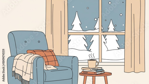 Cozy living room with blue armchair and steaming cup of coffee on wooden table by snow covered