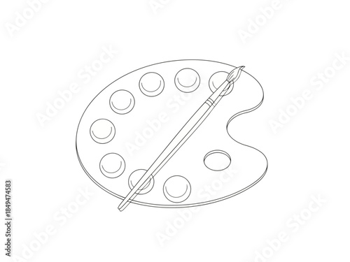 Sketch of a paintbrush and palette with six wells for paint on a
