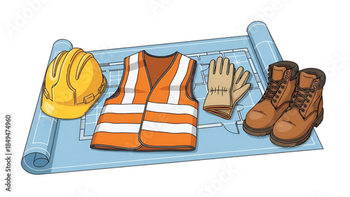 Construction safety equipment with hard hat, vest, gloves, and boots on a blueprint.