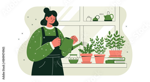 Woman Gardener Tending to Potted Plants.