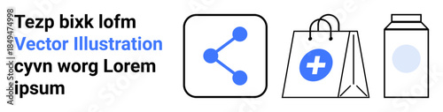 Social media, healthcare, e-commerce, communication, minimal design, modern packaging. Icon of a share button, a shopping bag with a medical sign and a milk carton outline. Social media