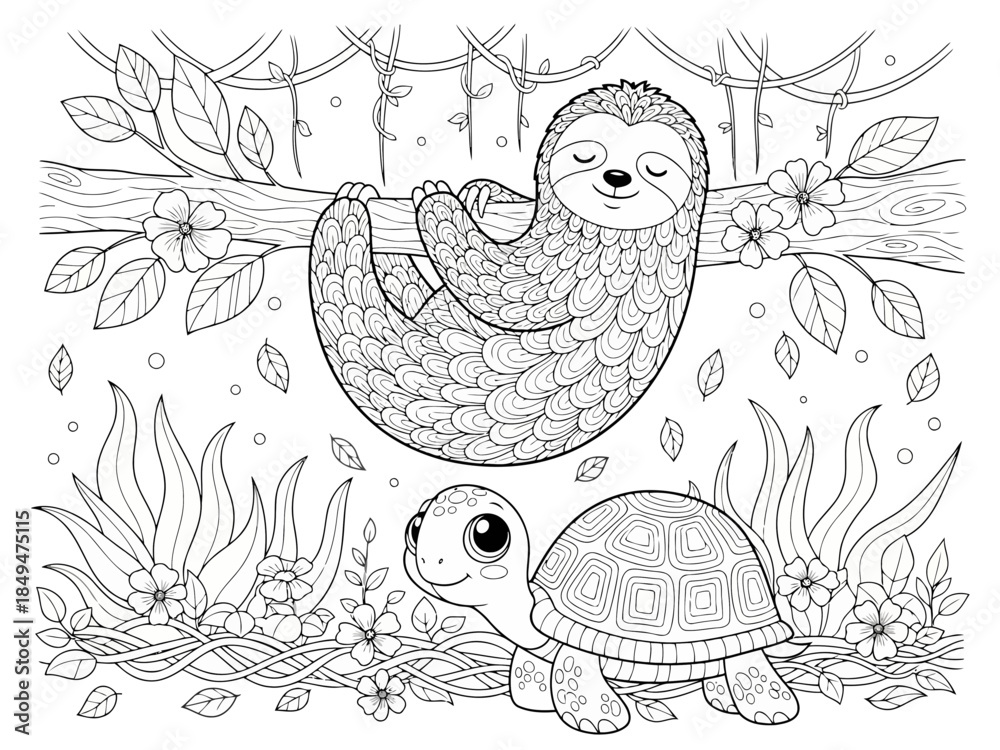 Fototapeta premium Cute cartoon sloth and turtle on a branch with leaves and flowers