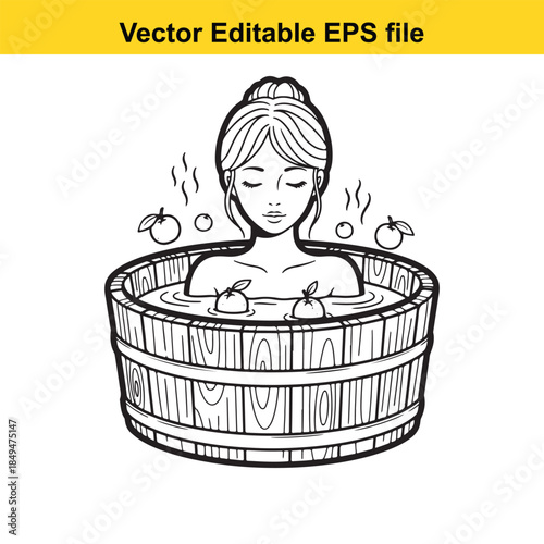  woman relaxing in a wooden bathtub with apples and steam vector illustration