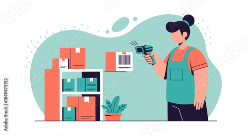 Woman Holding Drill Standing Near Shelves.