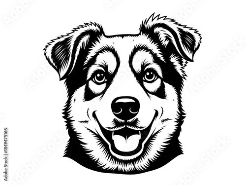 Black and white illustration of a smiling dog with floppy ears and a happy expression