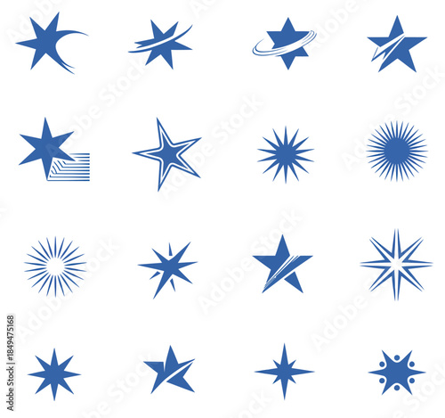 Blue star shapes with orbiting swooshes and radiating lines vector graphic illustrating priority ranking, success tiers, highlighted status and energetic motion elements 