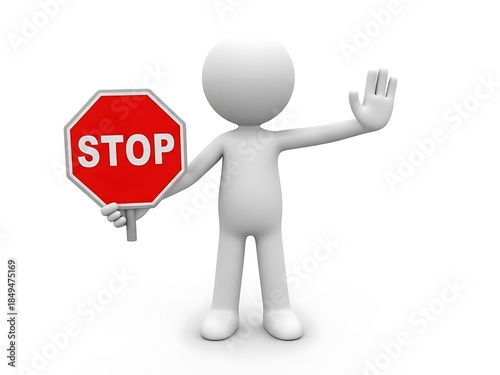 Gray cartoon character holding stop sign and waving hand