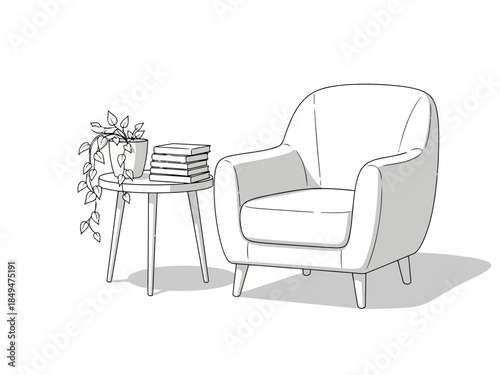 Modern white armchair with wooden legs and a small round side table with a vase of flowers