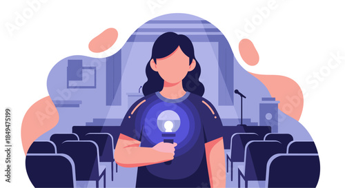 Woman Holding Light Bulb in Conference.