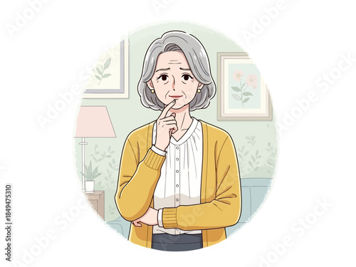 Elderly woman thinking with hand on chin in a room with plants and pictures on the wall