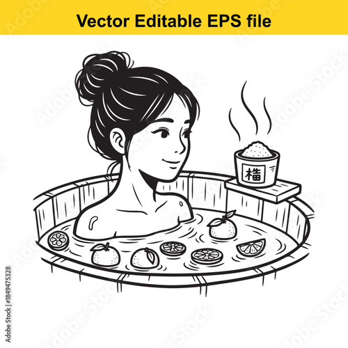  woman relaxing in a traditional japanese onsen bath with flowers and steam