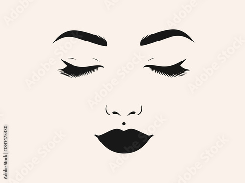 Minimalist black and white makeup illustration with closed eyes and bold eyebrows