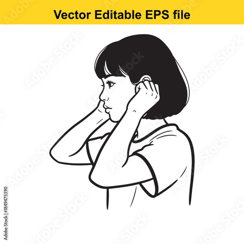 vector illustration of a woman covering her ears with her hands in a simple line art style