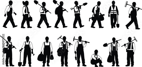 Construction and landscaping worker silhouettes set showing laborers carrying tools shovels rakes bags industrial outdoor workforce black vector illustration