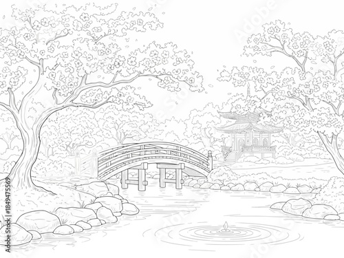 Japanese garden with a stone bridge over a pond surrounded by trees and rocks