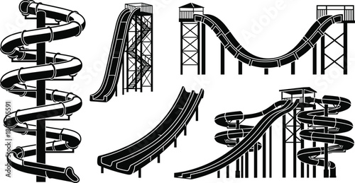Water park slide silhouettes set featuring spiral straight wave and tower aqua slides amusement park attractions black vector illustration isolated icons