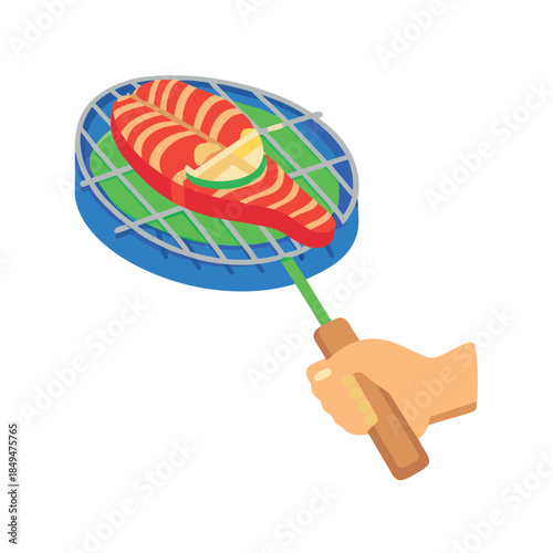 A hand holds a grill spatula with a salmon steak and lemon slice on it, ready for cooking.