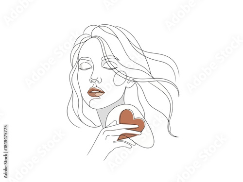 Elegant woman with long hair holding a red heart, minimalist line art illustration