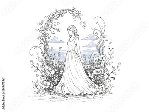 Elegant bride in white wedding dress standing under floral archway with nature background