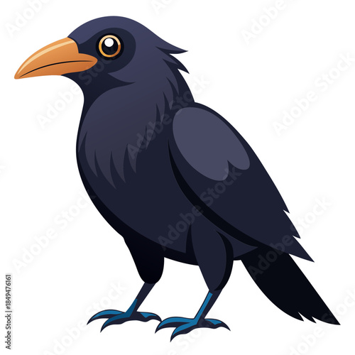 Cartoon illustration of a black bird with orange beak and blue feet on transparent background