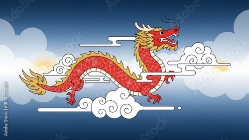 Vibrant red dragon soars through clouds in ancient mythological