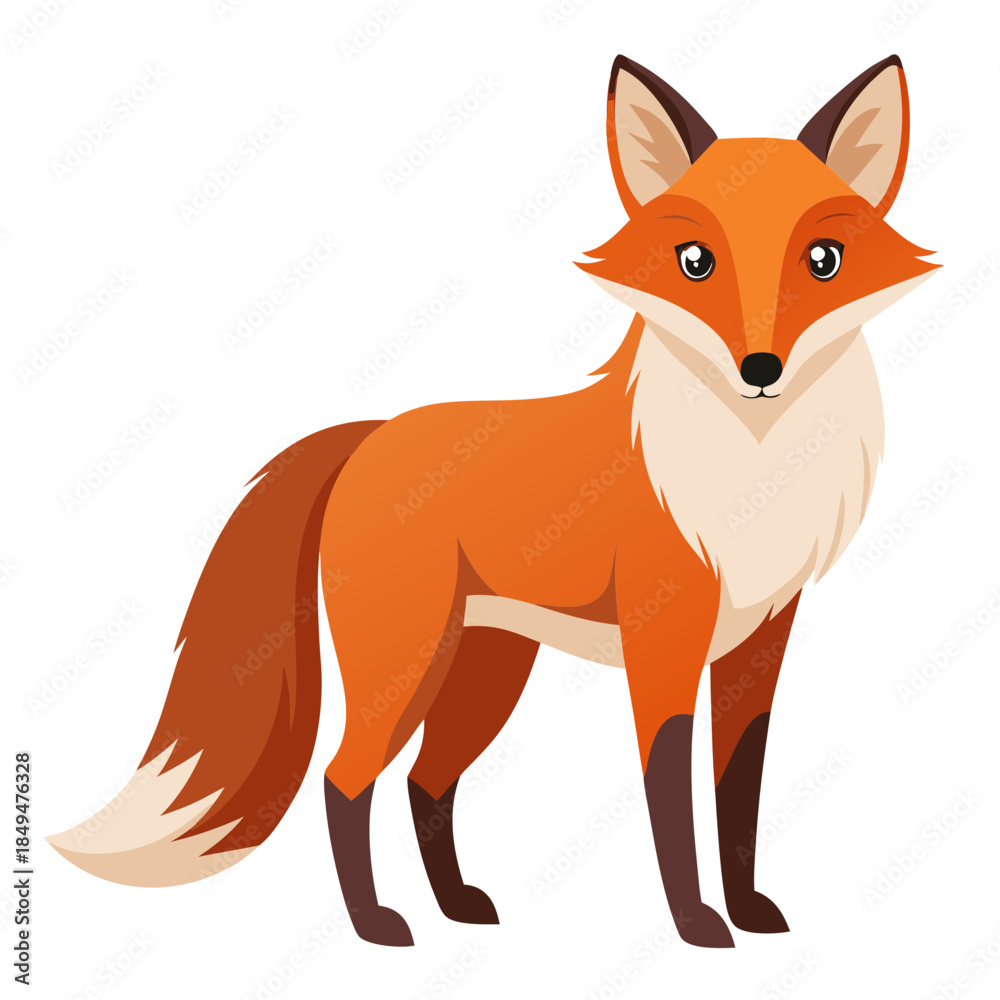 Fototapeta premium Vibrant orange cartoon fox with white chest and tail tip on transparent background