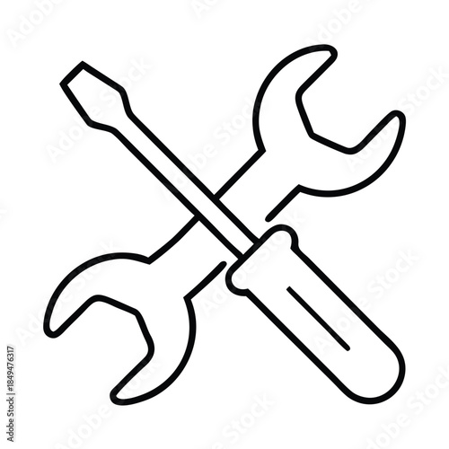 A simple line drawing of a wrench and screwdriver crossed together on a white background.